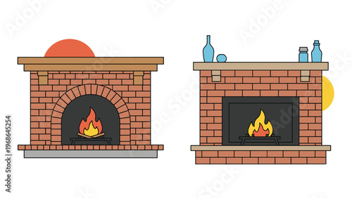 Two classic brick fireplaces with arched and rectangular openings are shown with warm orange flames burning inside their hearths.