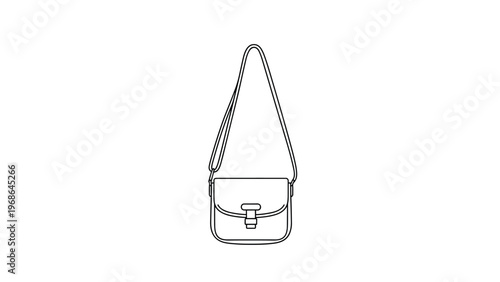 Simple minimalist line art icon of a classic shoulder bag with a long strap and a secure buckle closure on a white background.