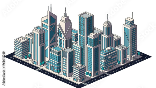 Detailed isometric cityscape features a dense cluster of modern skyscrapers, office buildings, and city streets with tiny trees and cars.