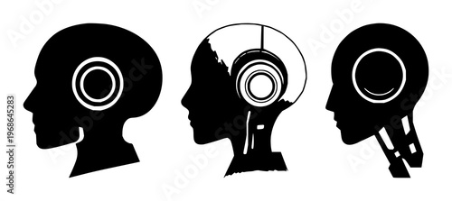 Machine learning robot head set with solid black icon on white background featuring machine learning, artificial intelligence, robotics with silhouette and profile