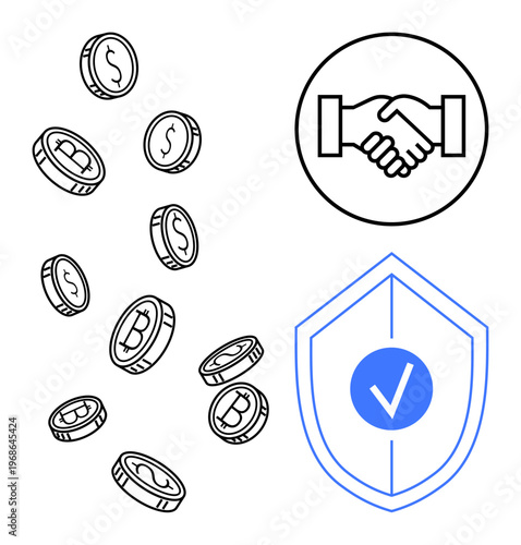 Cryptocurrency concept. Cryptocurrency icons reflect trust, finance, and security. Cryptocurrency relevance in online transactions, blockchain protection, and digital investments. For fintech