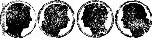 set of vintage black silhouette portraits of male heads in profile with textured details