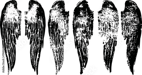 set of six black vintage angel wings illustrations, feathered feather texture, detailed silhouette designs
