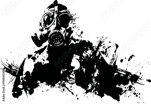 Abstract black ink splash illustration of a person wearing a gas mask