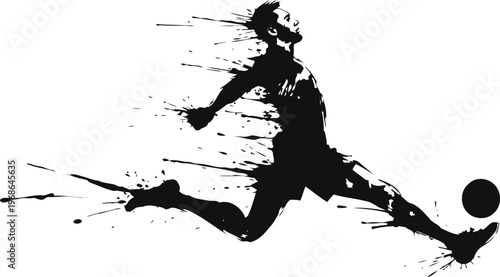 Dynamic soccer player kicking ball in motion silhouette with artistic splatter effect