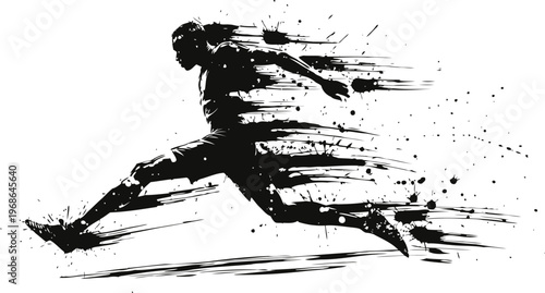 Dynamic silhouette of a male runner sprinting fast with artistic ink brush stroke effects