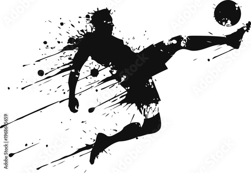 Abstract silhouette of soccer player kicking ball with dynamic splash ink effect