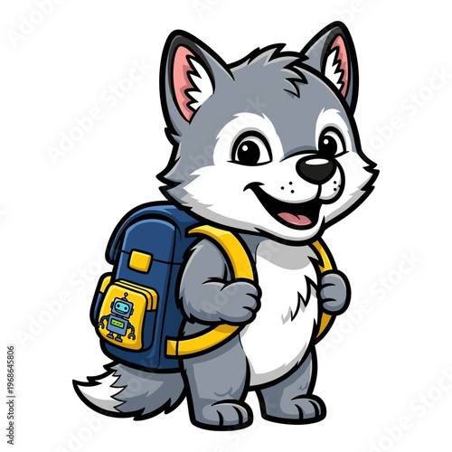 Adorable Cartoon Wolf Cub Student with Robot Backpack - Cute Animal Mascot for School and Technology