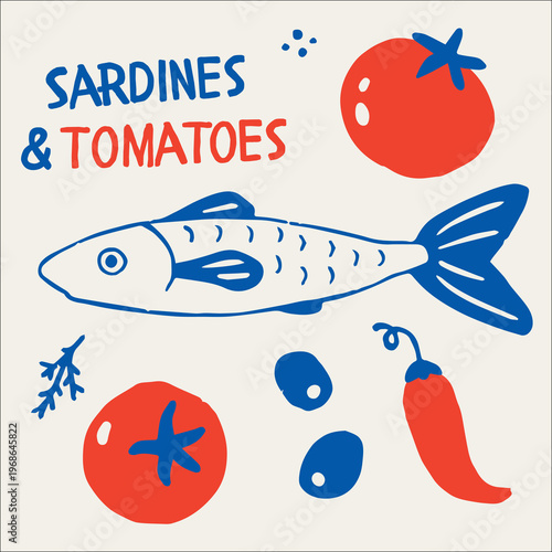 Playful hand drawn illustration of sardines and tomatoes with lettering. Mediterranean food inspired design in bold colors, perfect for kitchen decor, poster, packaging or menu design.