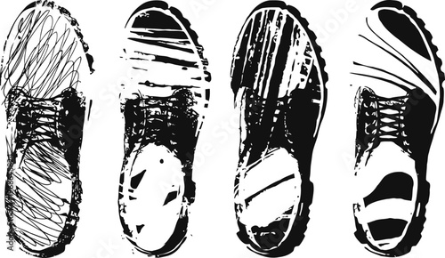 Black and white footprint silhouettes of four different shoe soles standing in a row with detailed tread patterns