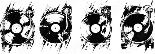 Retro vinyl turntable collection black and white vintage record player silhouettes music analog sound devices, nostalgia concept