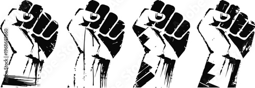 raised clenched fists symbolizing strength, unity, resistance, and solidarity in black and white design