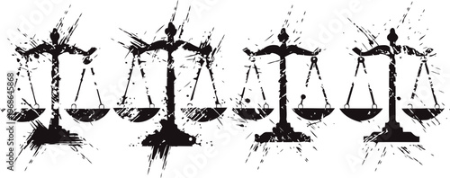 Grunge scales of justice icons legal balance symbols set with splatter and ink blot