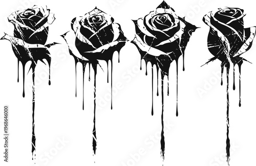 black rose silhouettes with dripping paint effect in grunge style, artistic floral design