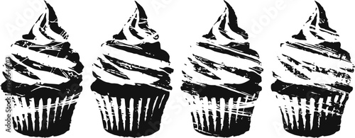 four hand drawn cupcakes with swirling frosting lined up in black and white illustration