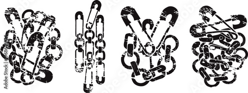 grunge designs of safety pins and chain links in various arrangements