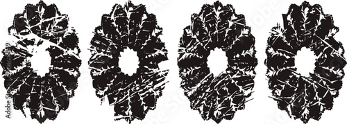 four black and white distressed wreath silhouettes circular ornamental floral frames with vintage textured effect