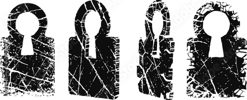 grunge padlock icons in varying shapes and open close states symbolizing security and access control