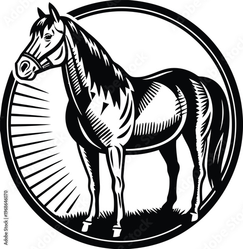 A classic black and white illustration of a majestic horse standing inside a circular frame.
