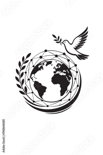 Global peace network concept with dove and connected world in minimalist black and white style, symbol of international cooperation, technology and unity