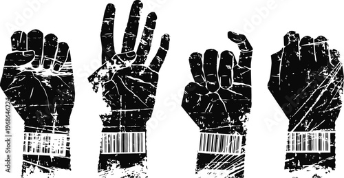 raised hands with barcode wrists symbolizing control and resistance, protest and freedom concept