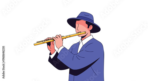 Illustration of a man playing a flute in a blue suit and hat