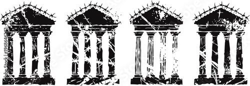grunge vintage columns silhouette set four ancient architectural ruins damaged old stone temple pillars with pediments