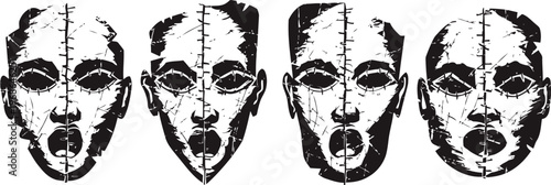 Four stylized tribal masks in black and white, exhibiting distinct facial designs and symmetrical markings