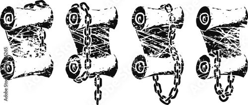 Ancient medieval scroll with chains in various positions isolated on white background, vintage parchment design