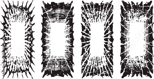 Four distressed grunge rectangular frames with rough spiked edges in black on white background