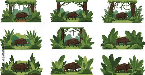 Wild boar forest landscape collection with lush greenery, jungle plants and wildlife scenes, natural habitat vector illustration set