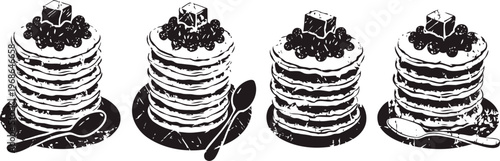 Stacked pancakes with butter and berries on plates with spoons, breakfast food set illustration