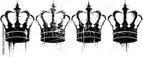 set of four black grunge crowns with distressed paint texture in vintage silhouettes