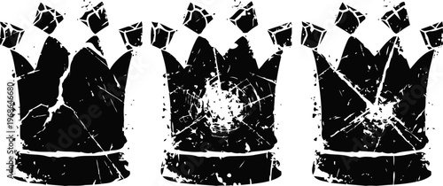 grunge black king chess piece icon in three different worn textures