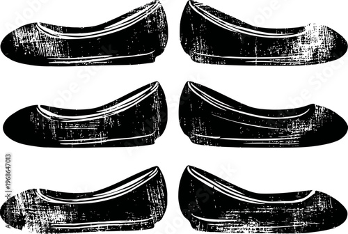 Black ballet flats set with side and frontal views vintage grunge women's casual shoes illustration