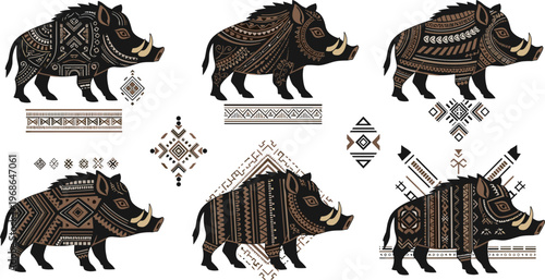 Ornamental wild boar illustration collection with tribal patterns, ethnic decorative designs and detailed animal vector art set