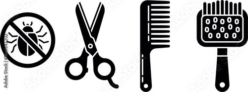 Vector icons of lice comb, scissors, and lice free symbol
