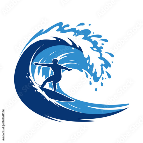 Silhouette of surfer riding a large blue wave, dynamic ocean sport illustration