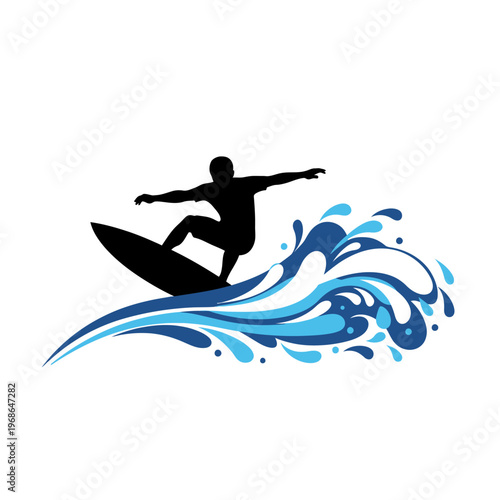 Silhouette surfer riding a wave, dynamic splash, clear blue water, extreme sport