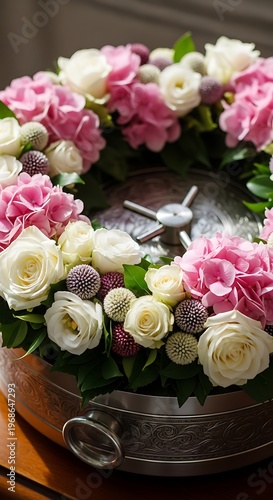 Floral Wreath Adorning a Decorative Metal Object.