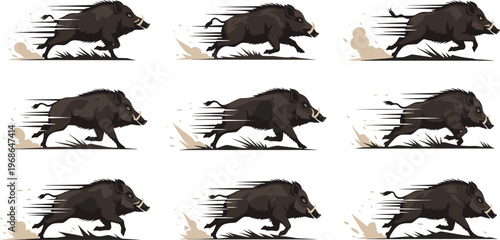 Wild boar running illustration collection with dynamic motion lines, aggressive animal action poses and hunting style vector design set