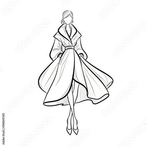 Elegant Woman Fashion Sketch: Full Body Illustration of Model in Flowing Gown and Heels