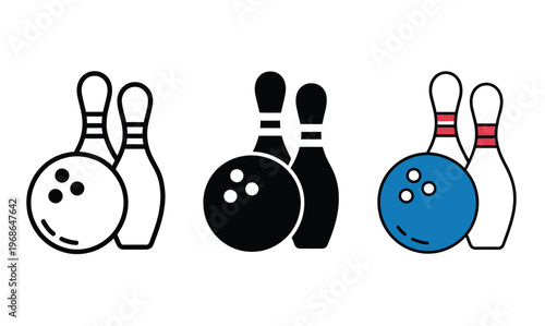 Bowling Ball and Pins Icons Sports Equipment Recreation Symbol Vector