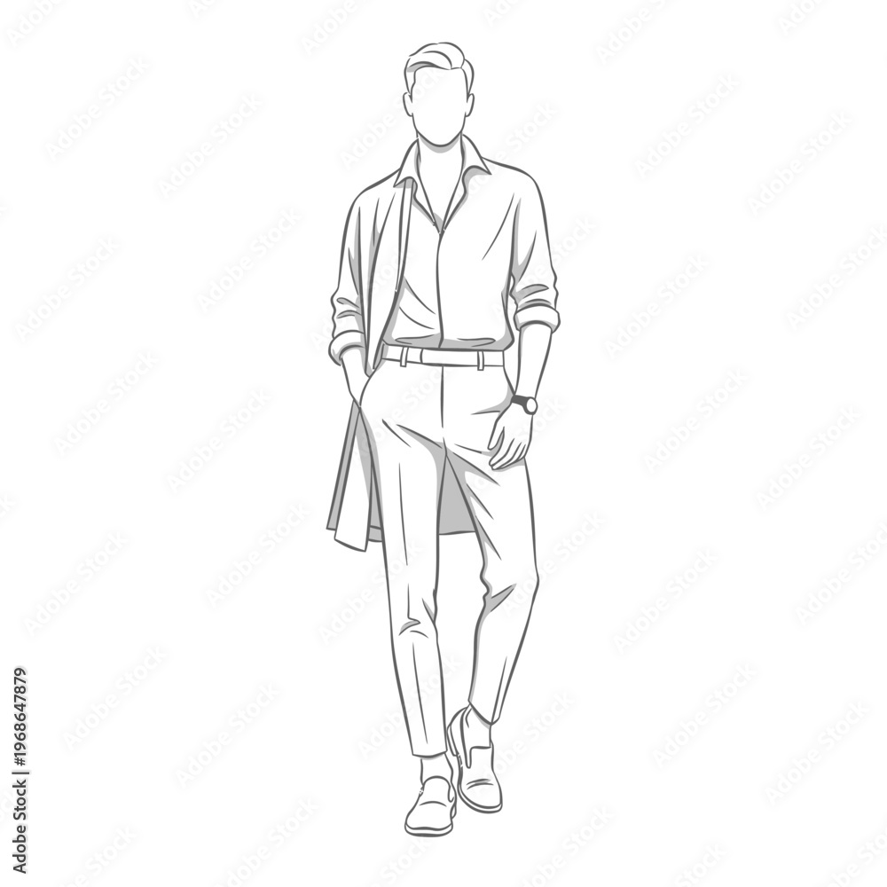 Fototapeta premium Fashionable man walking in stylish outfit, line art illustration, modern menswear style