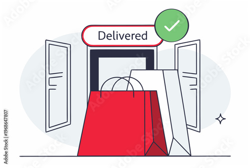 Delivered shopping bags at doorway illustration. Last mile quick delivery service concept. E-commerce success vector for banner