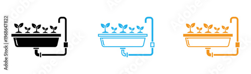 Bathtub, shower, and sink icons, colorful bathroom symbols, vector plumbing fixtures, modern water taps