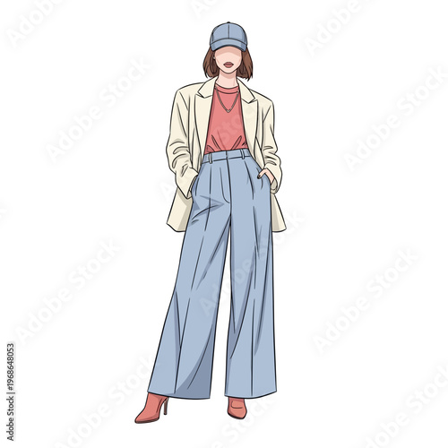 Fashionable Woman in Oversized Blazer, Wide-Leg Pants, and Baseball Cap