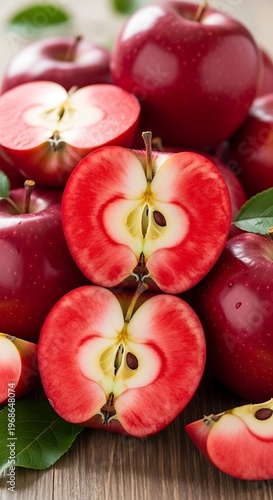 Freshly cut red apples, healthy and delicious fruit.