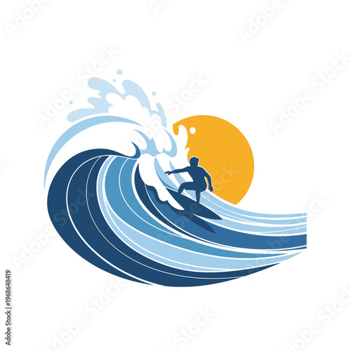 Surfer Silhouette Riding Giant Wave Under Sun - Ocean Sport Adventure
