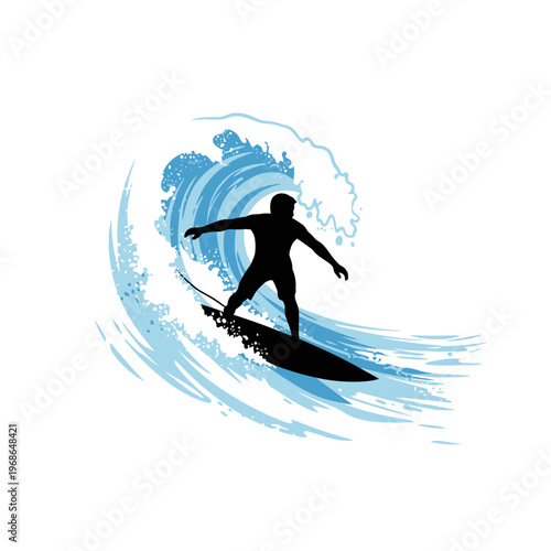 Surfer Silhouette Riding Crashing Blue Ocean Wave